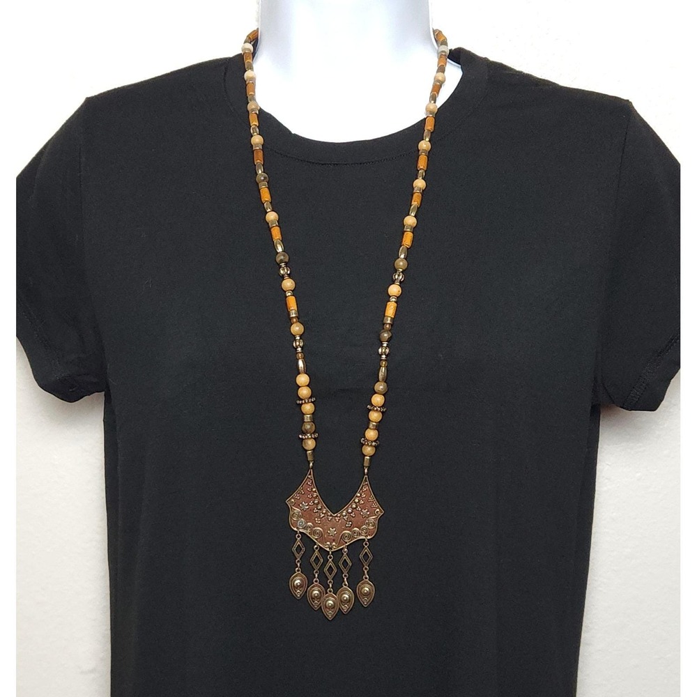 VTG Boho Tribal Statement Necklace Antiqued Brass Bib Earth Tone Festival